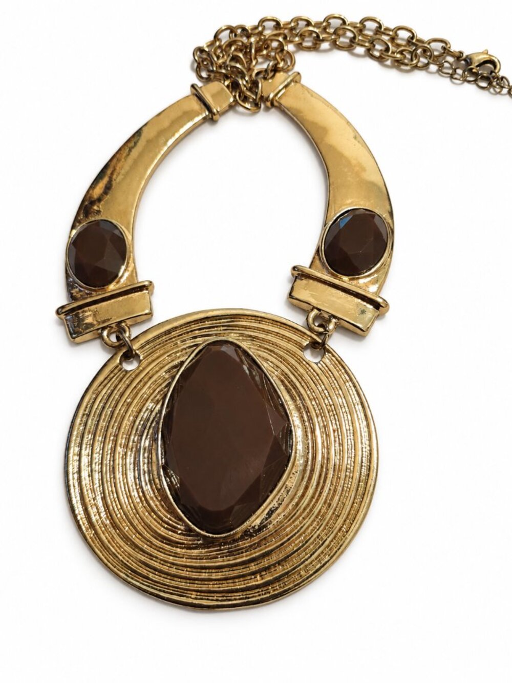 Gold-Tone Brown Faceted Statement Necklace with Round Medallion